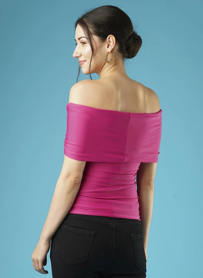 globus Globus Women Solid Twisted & Ruched Side Detail Stretchable Party Bardot Top